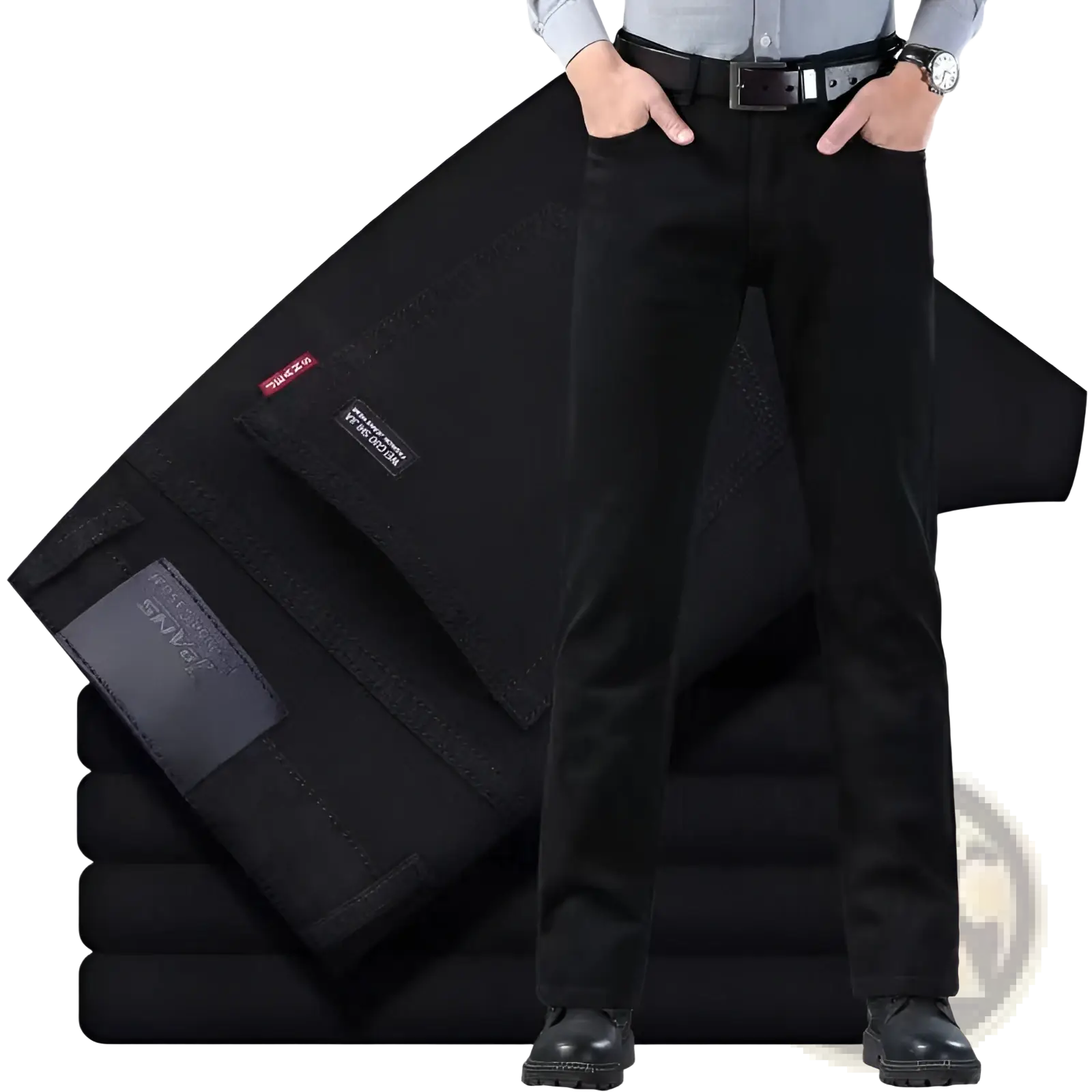 Black denim men’s high waist slim fit elastic business casual jeans with classic straight-leg cut and visible stitching details