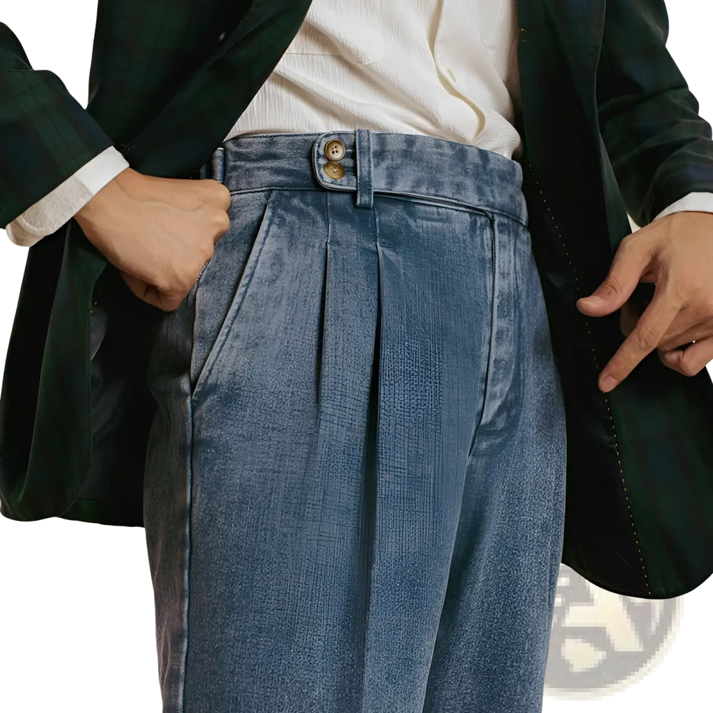 Men’s high waisted pleated relaxed fit blue denim trousers with a front pleated design and high waist detail