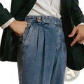 Men’s high waisted pleated relaxed fit blue denim trousers with a front pleated design and high waist detail