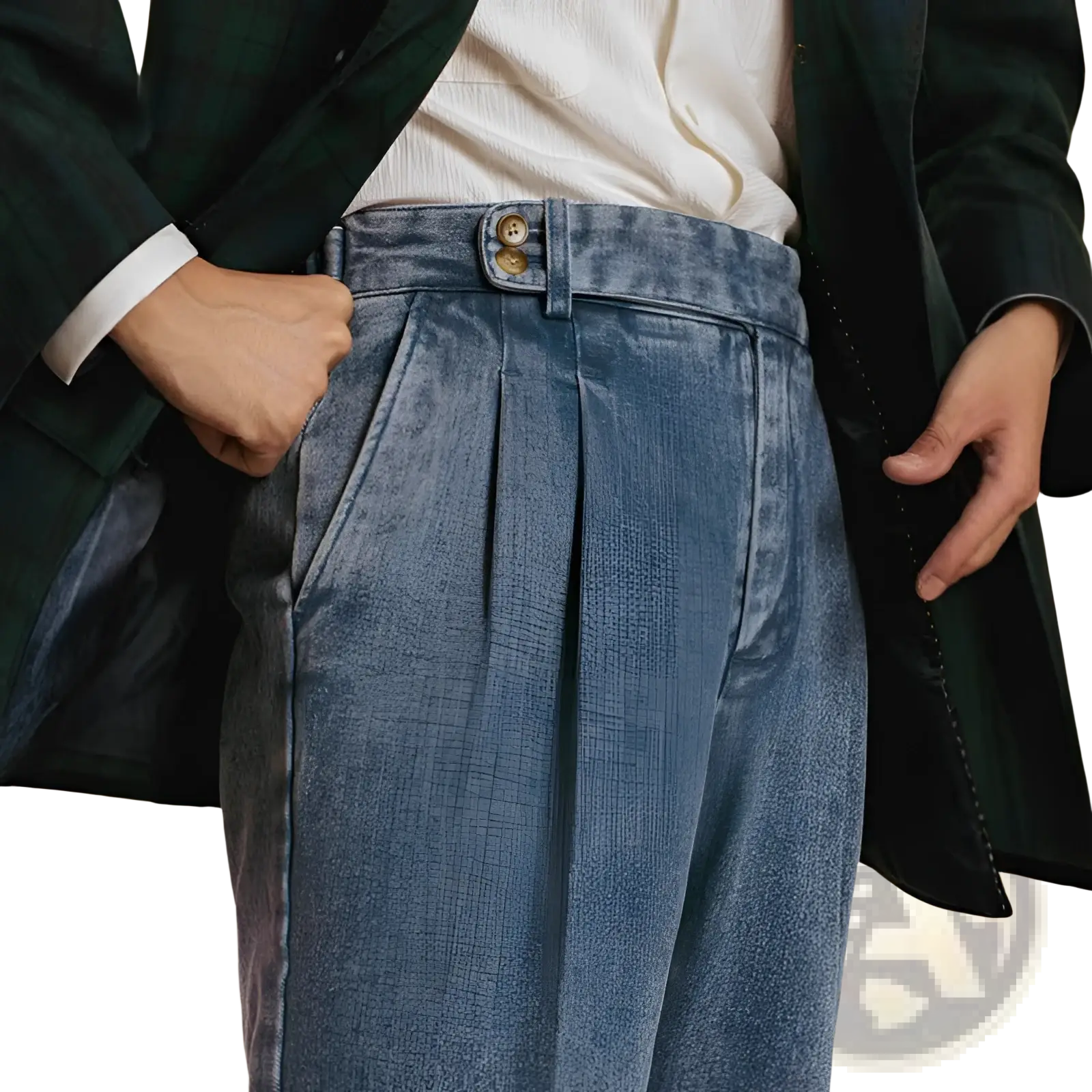Men’s high waisted pleated relaxed fit blue denim trousers with gold tone button closure and front pleats