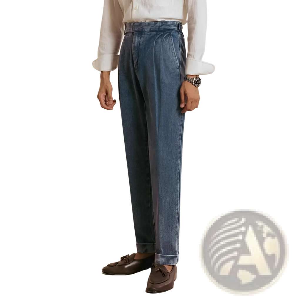 Men’s high waisted pleated relaxed fit blue denim trousers made of durable cotton with front pleats