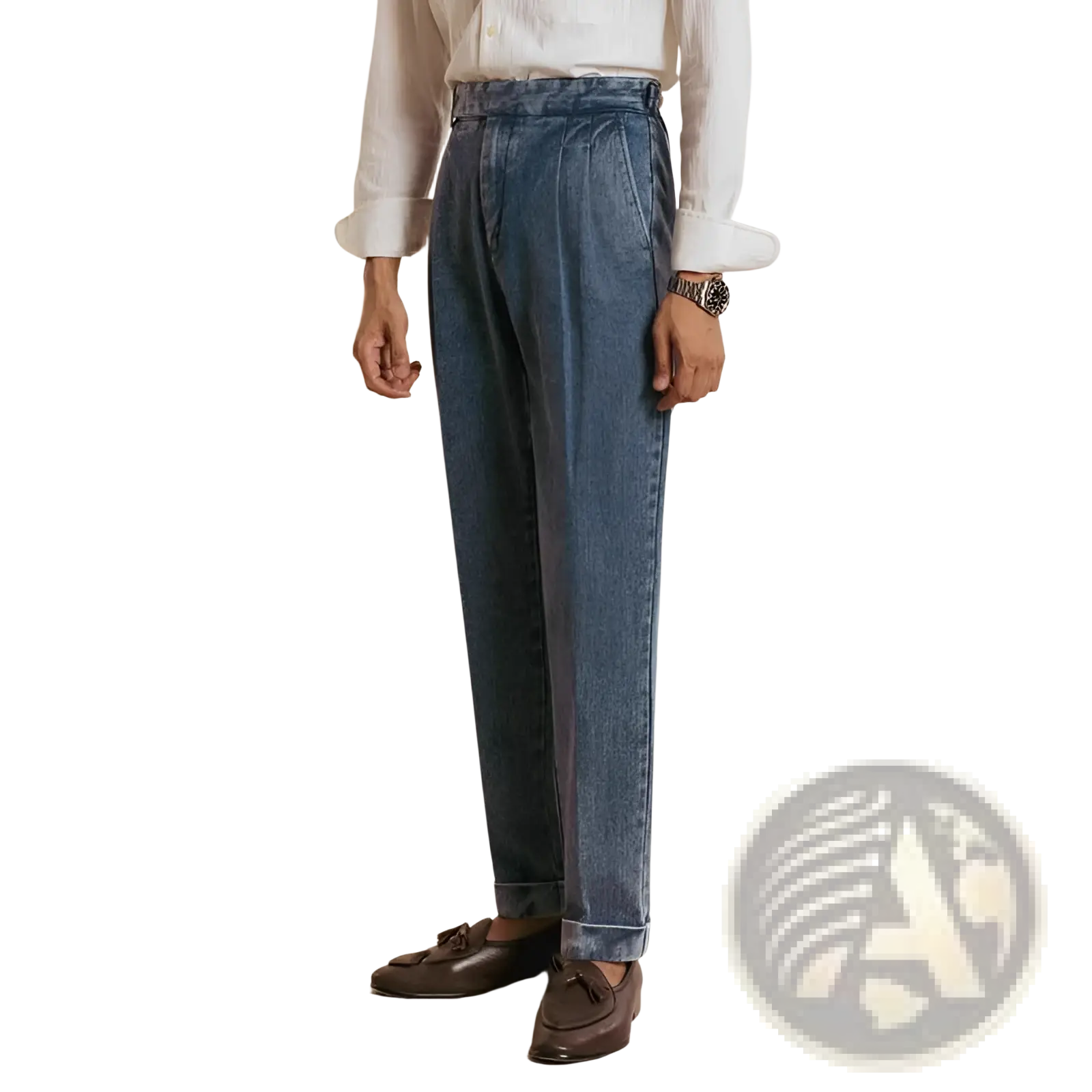 Men’s high waisted pleated relaxed fit blue denim trousers made of durable cotton with front pleats