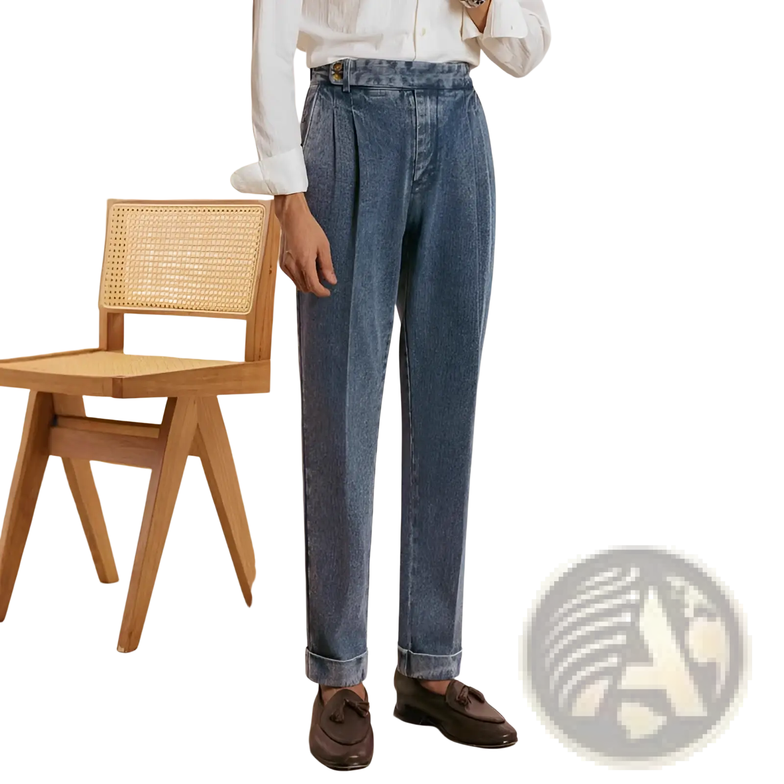 Men’s high waisted pleated relaxed fit blue denim trousers with rolled cuffs in a casual style