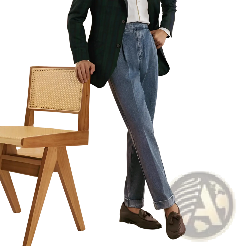 Men’s high waisted light blue denim trousers with pleats, relaxed fit, and rolled cuffs in cotton material