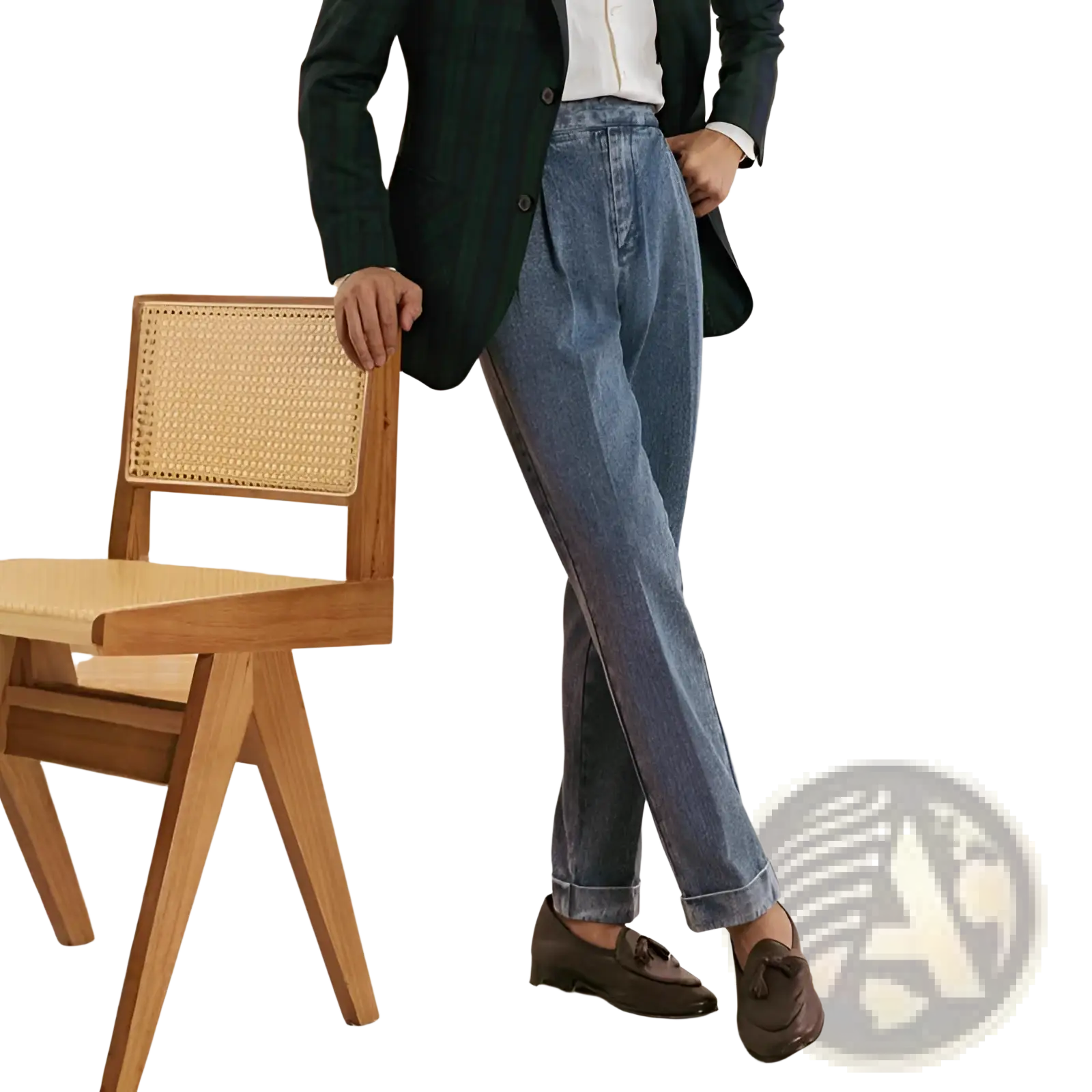 Men’s high waisted light blue denim trousers with pleats, relaxed fit, and rolled cuffs in cotton material