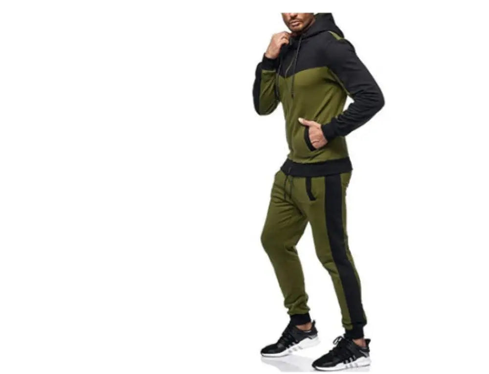 Men’s olive green and black color block hooded tracksuit with contrasting side stripes and jogger set for athletic wear
