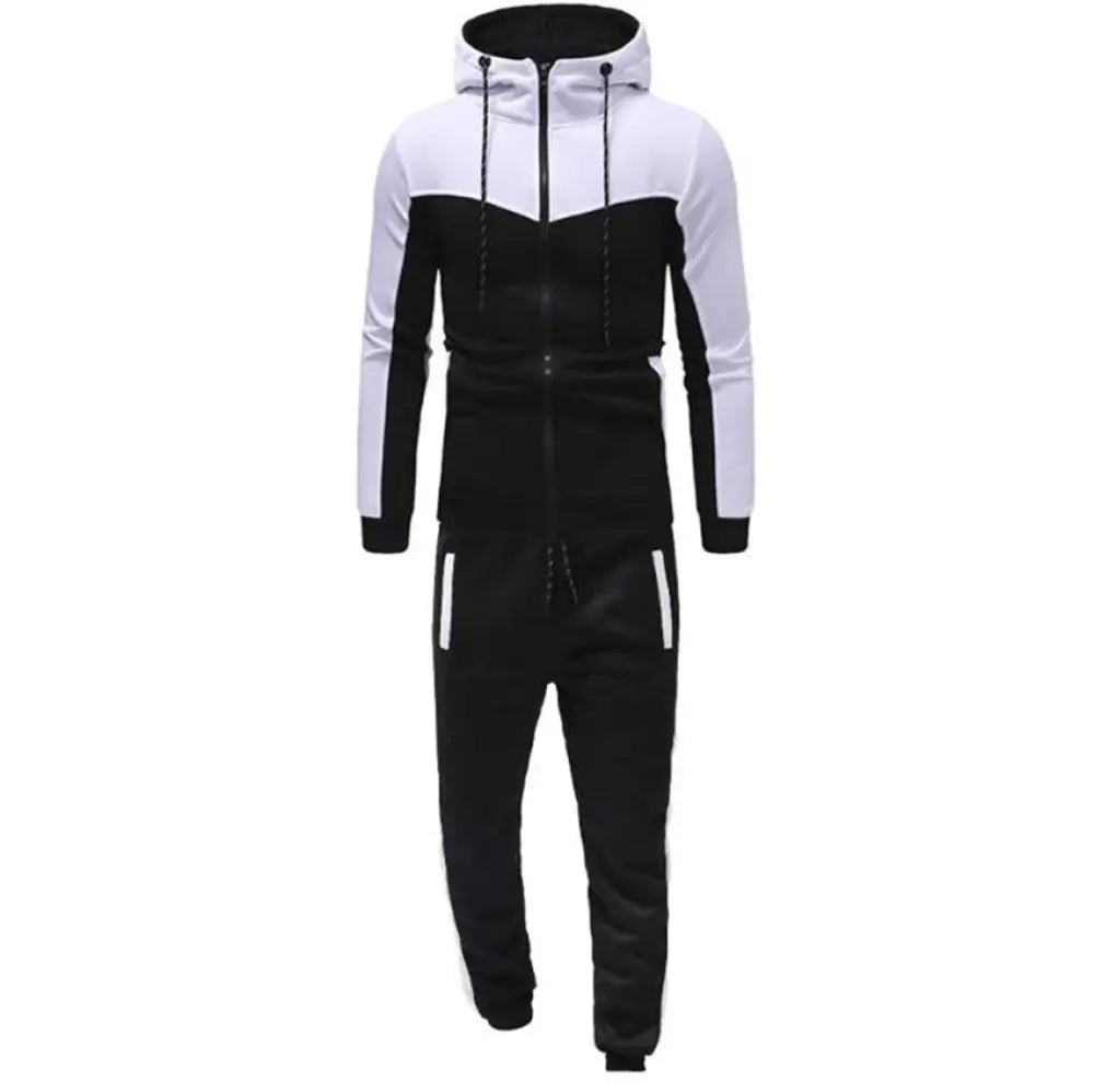 Men’s color block hooded tracksuit and jogger set in black and white with zip-up hoodie and contrasting panels