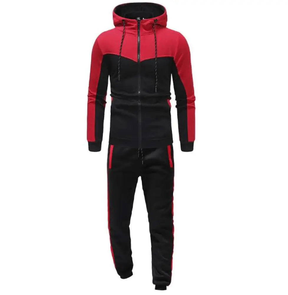 Men’s color block hooded tracksuit and jogger set in red and black with zip-up hoodie and matching joggers