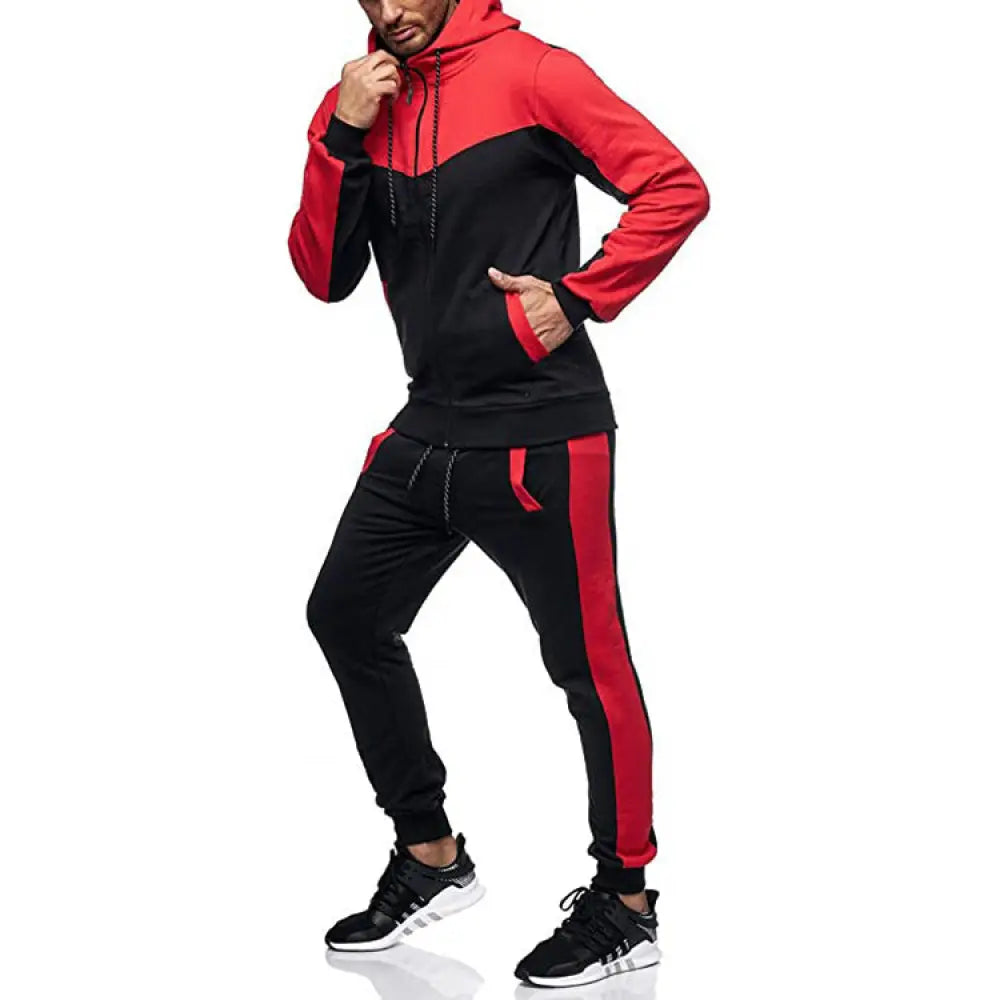 Men’s color block hooded tracksuit and jogger set in red and black with contrasting panels and vertical stripe accents