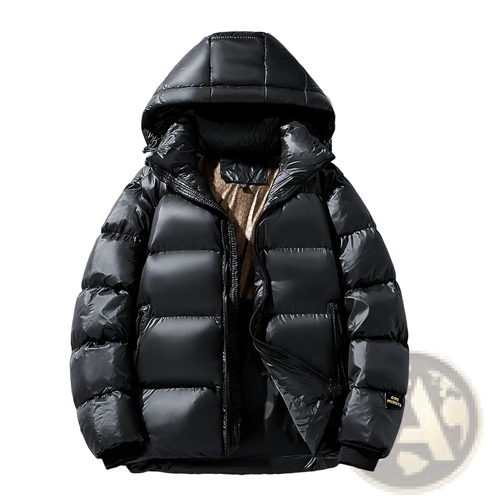 Men’s hooded corduroy puffer jacket plus size in black with shiny quilted exterior and a hood
