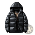 Men’s hooded corduroy puffer jacket plus size in black with shiny quilted exterior and a hood