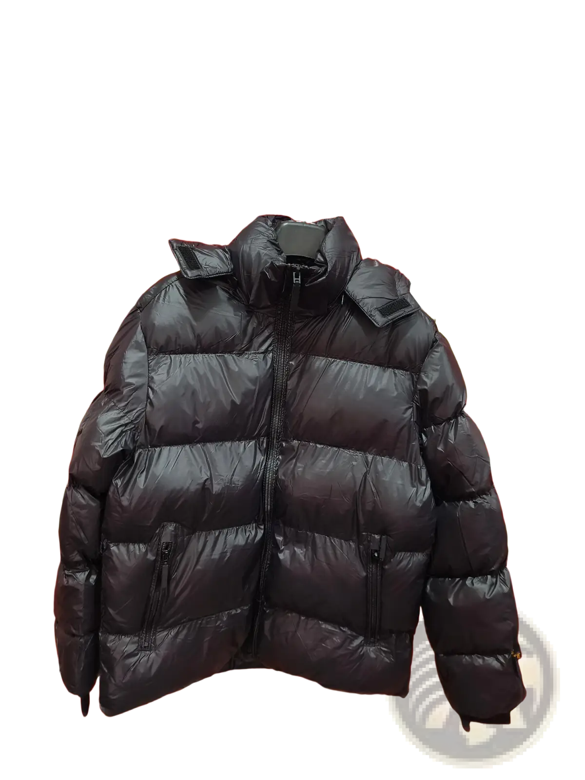 Men’s hooded corduroy puffer jacket plus size in black with a shiny quilted exterior and high collar
