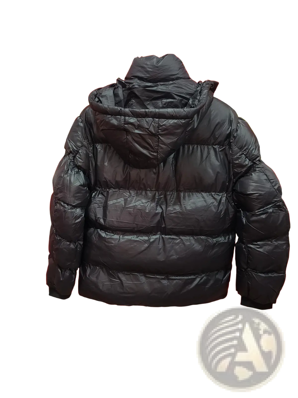 Men’s hooded corduroy puffer jacket plus size in black with a shiny quilted exterior and attached hood