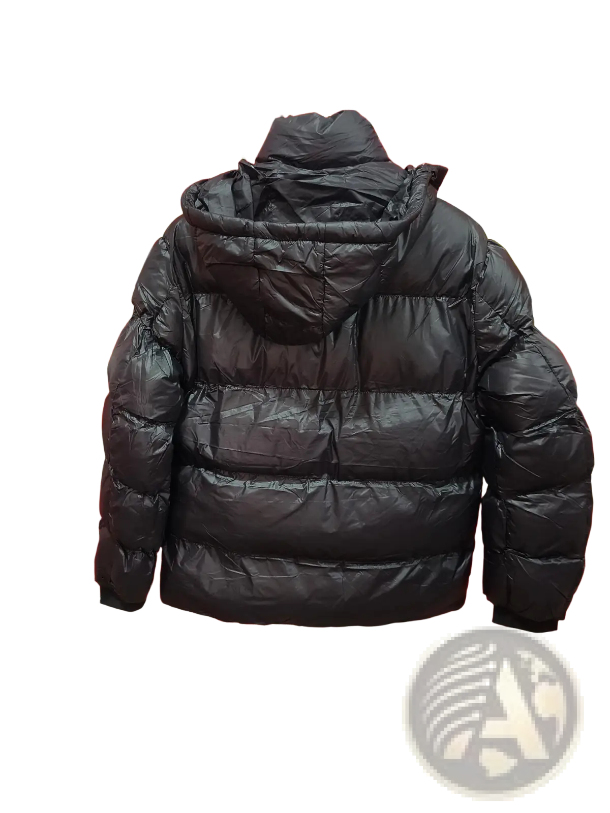 Men’s hooded corduroy puffer jacket plus size in black with a shiny quilted exterior and attached hood