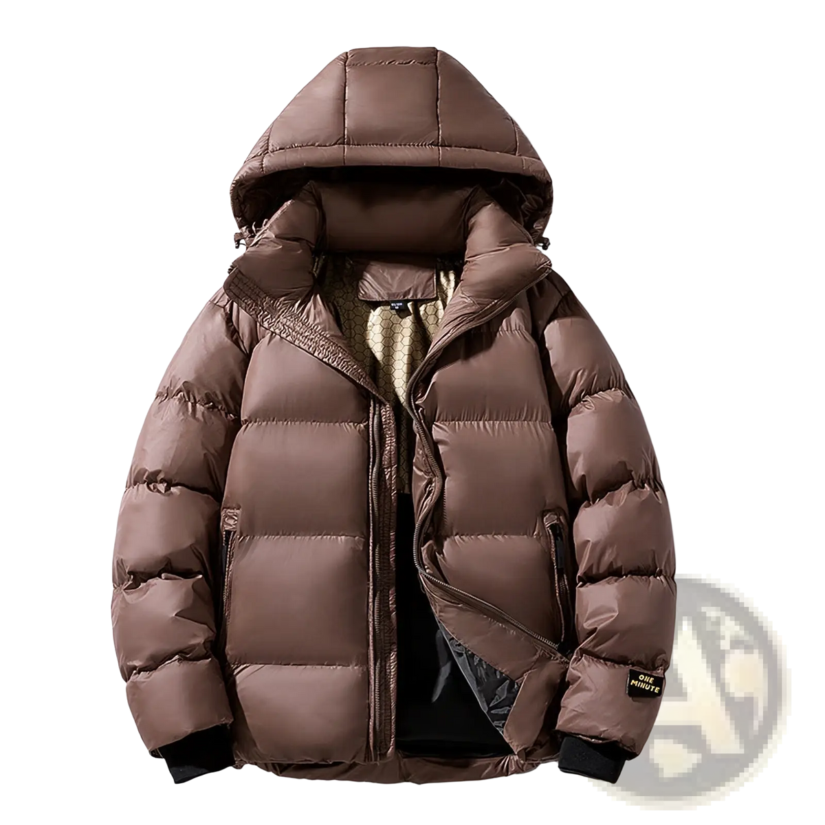 Men’s brown hooded corduroy puffer jacket with quilted design and black ribbed cuffs in plus size