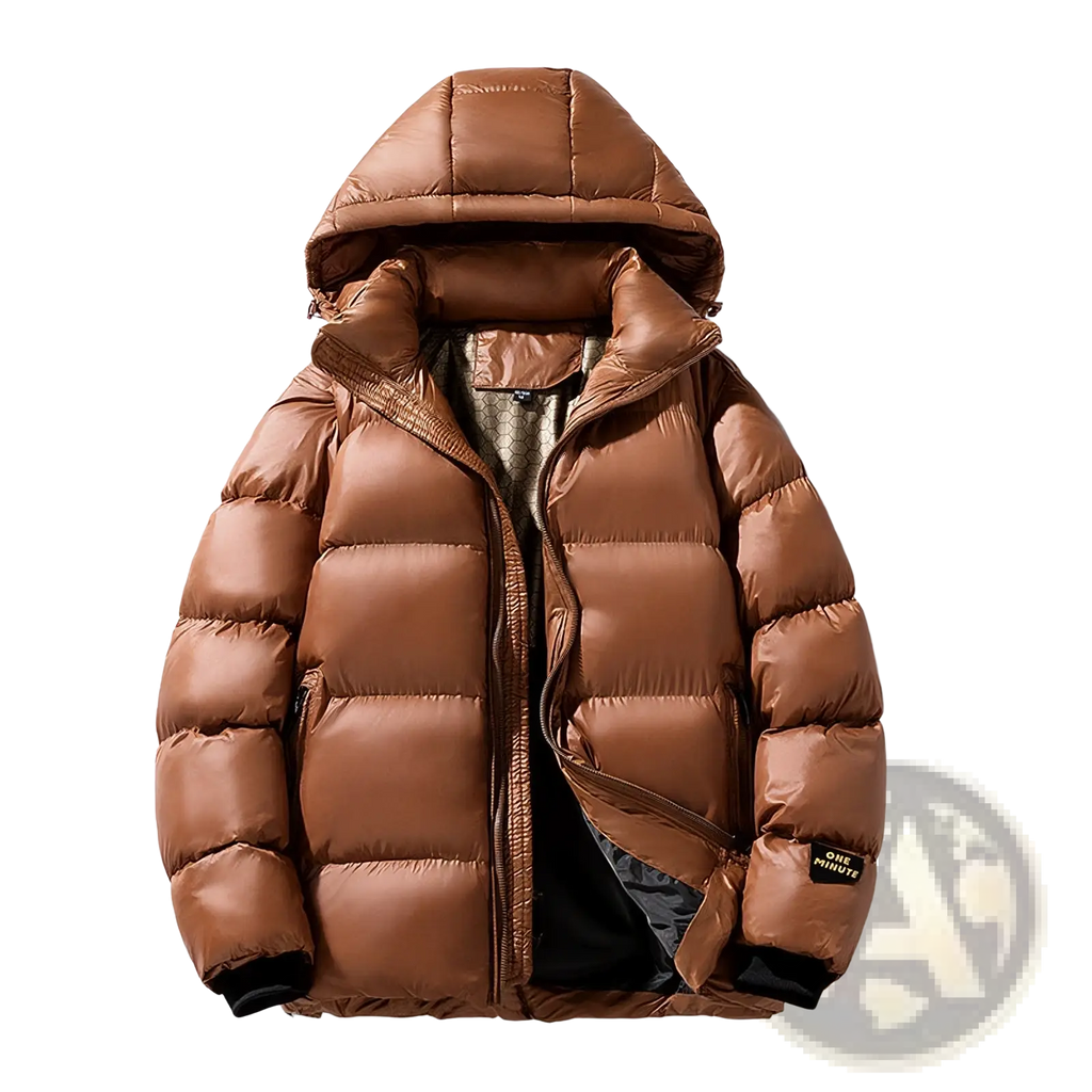 Men’s brown hooded corduroy puffer jacket plus size with quilted design and black trim at the cuffs