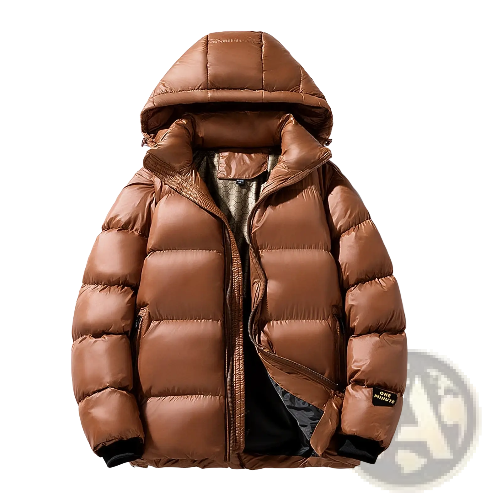 Men’s brown hooded corduroy puffer jacket plus size with quilted design and black trim at the cuffs