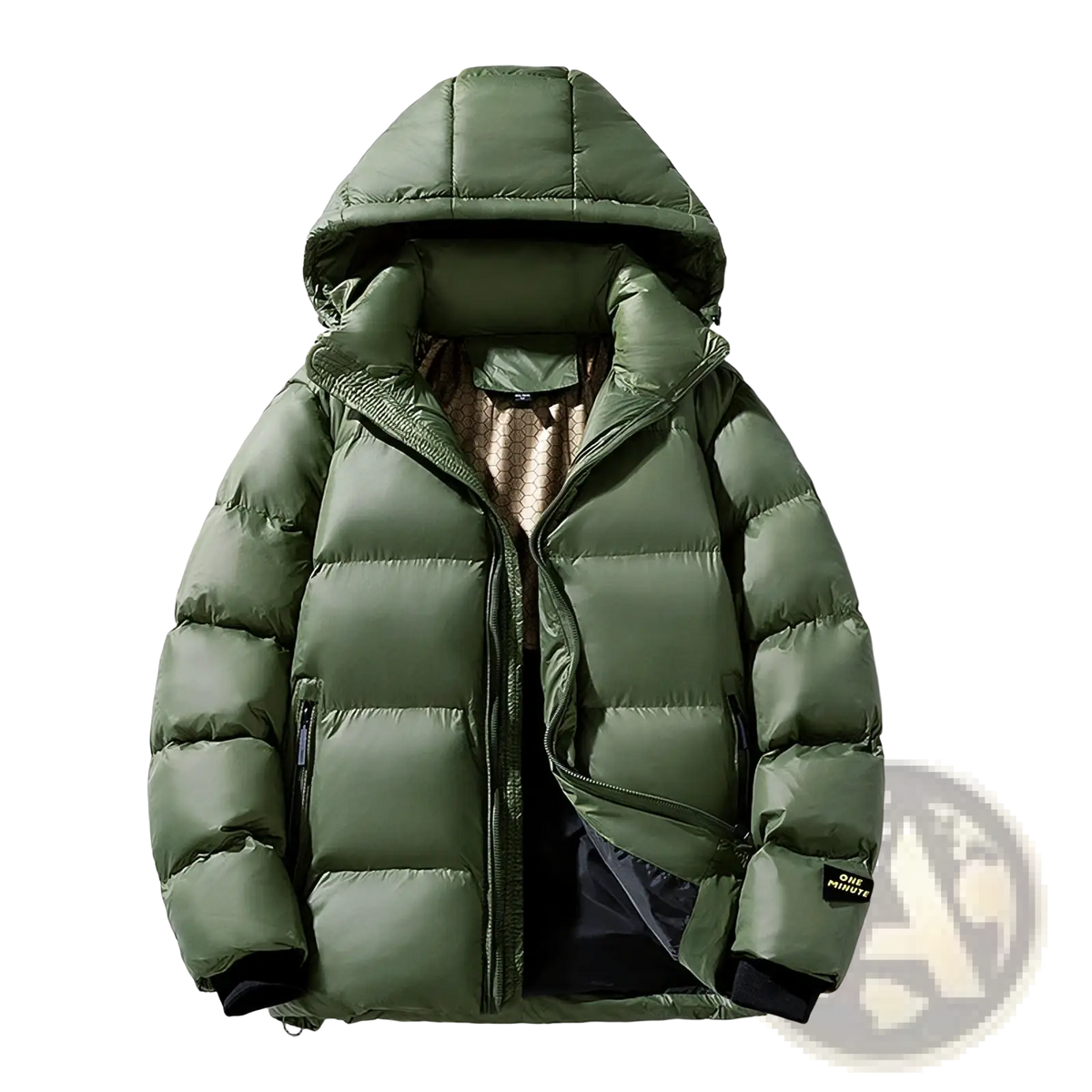 Men’s hooded olive green corduroy puffer jacket plus size with quilted design and black cuff trim