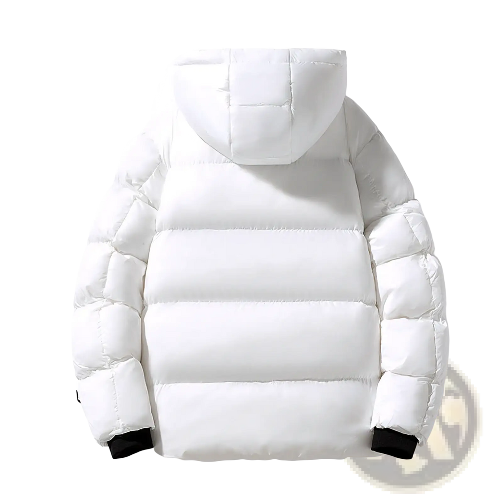 Men’s hooded corduroy puffer jacket plus size in white with black cuffs and quilted hood front view
