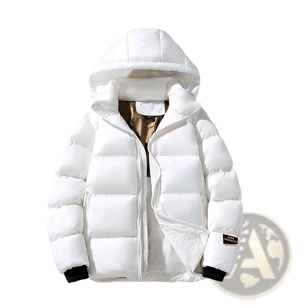 Men’s hooded corduroy white puffer jacket plus size with quilted design and black ribbed cuffs