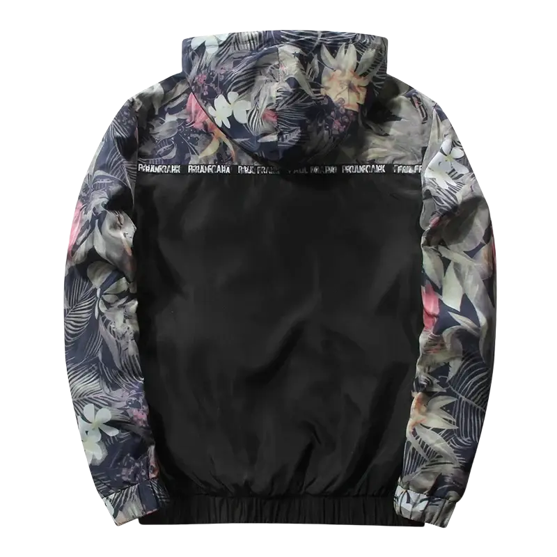 Mens hooded jacket asia size with vibrant floral pattern on sleeves and shoulders and solid black torso windbreaker