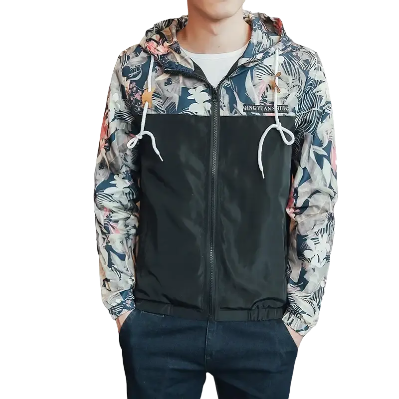 Mens hooded jacket asia size with black and multicolored tropical leaf pattern lightweight windbreaker and white drawstrings