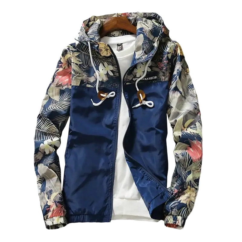 Mens hooded jacket asia size blue floral pattern lightweight windbreaker with satin finish ideal for outdoor use