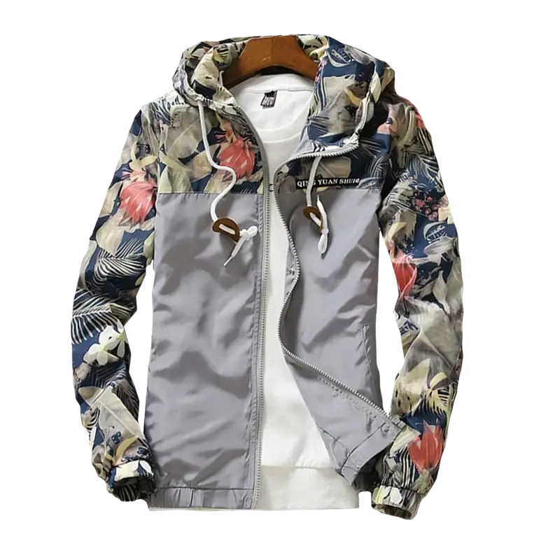 Mens hooded jacket asia size gray floral lightweight windbreaker with zipper front white drawstrings and brown toggles