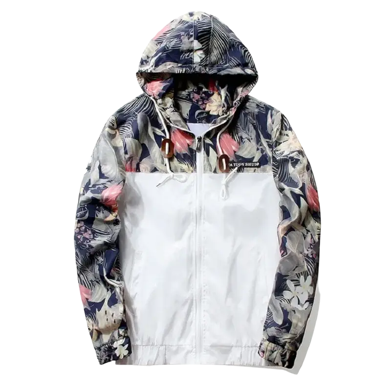 Mens hooded jacket floral lightweight windbreaker in asia size with white base and navy blue pink botanical sleeves and hood