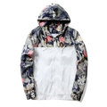 Mens hooded jacket floral lightweight windbreaker in white with navy blue pink and beige botanical print asia size