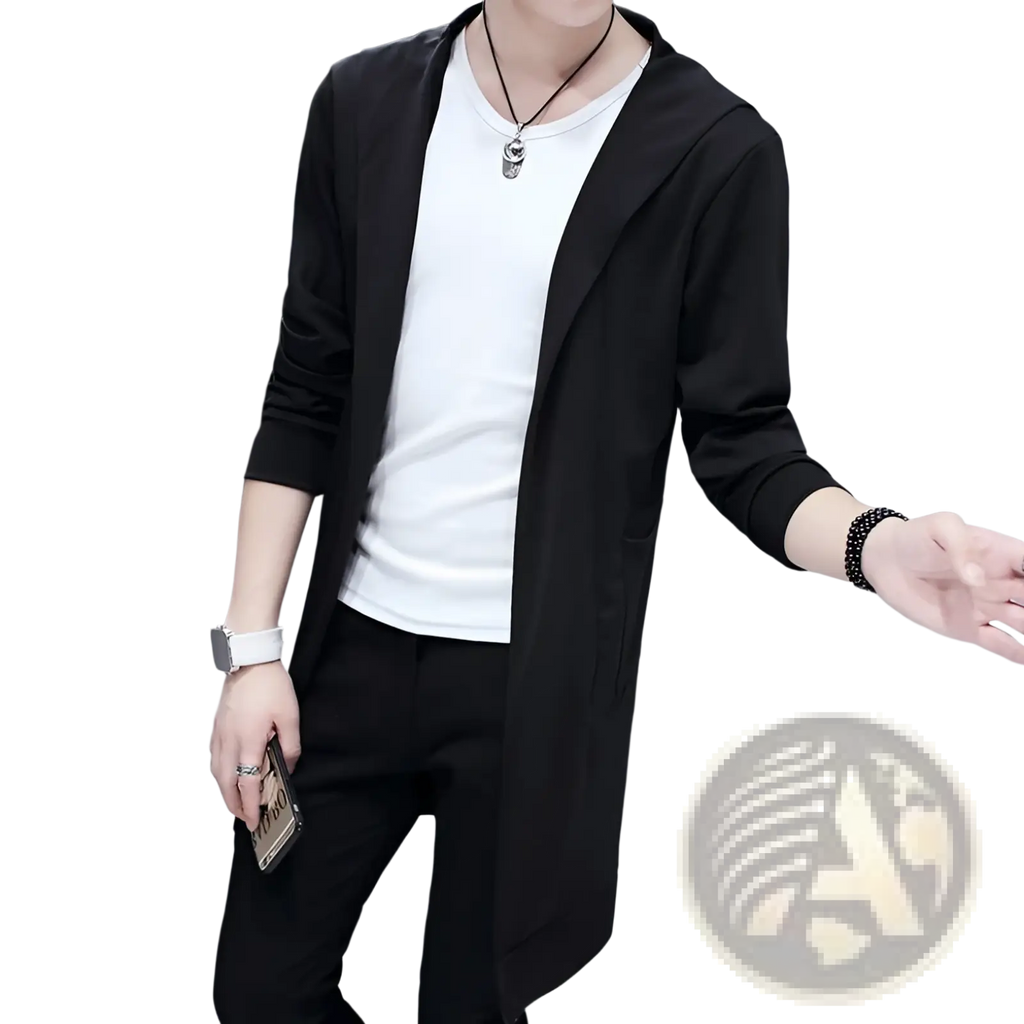 Men’s black long sleeved hooded open front slim fit cardigan with subtle ribbed cuffs for stylish layering