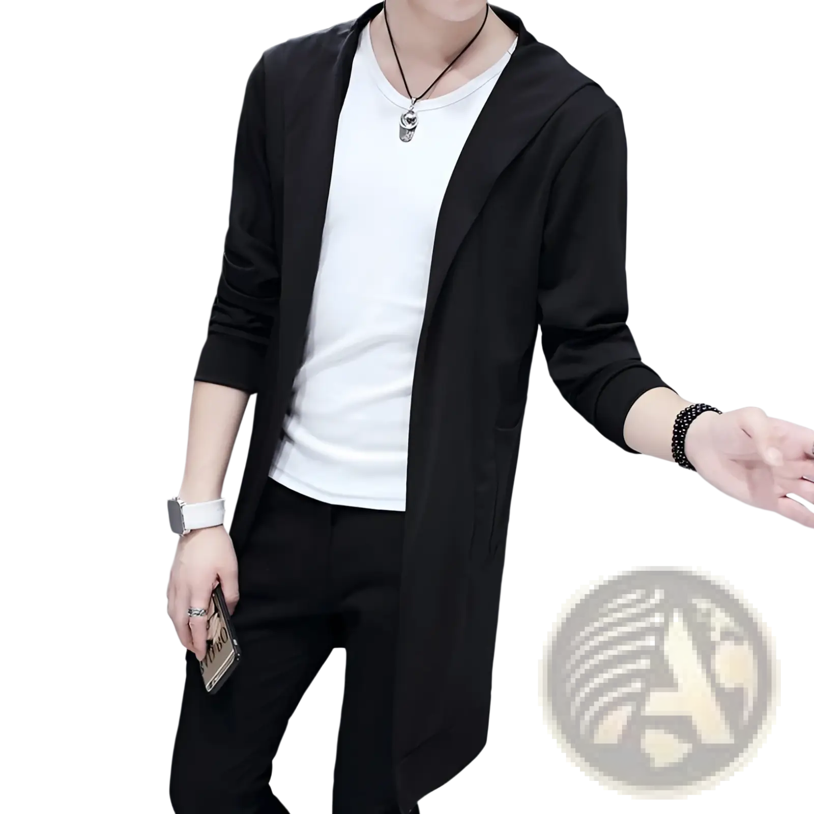 Men’s black long sleeved hooded open front slim fit cardigan with subtle ribbed cuffs for stylish layering