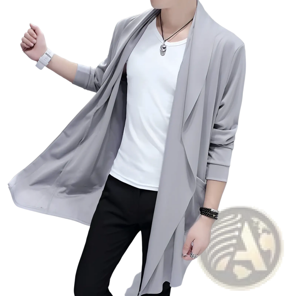 Men’s slim fit gray hooded open front cloak coat with sleek lightweight fabric and subtle texture