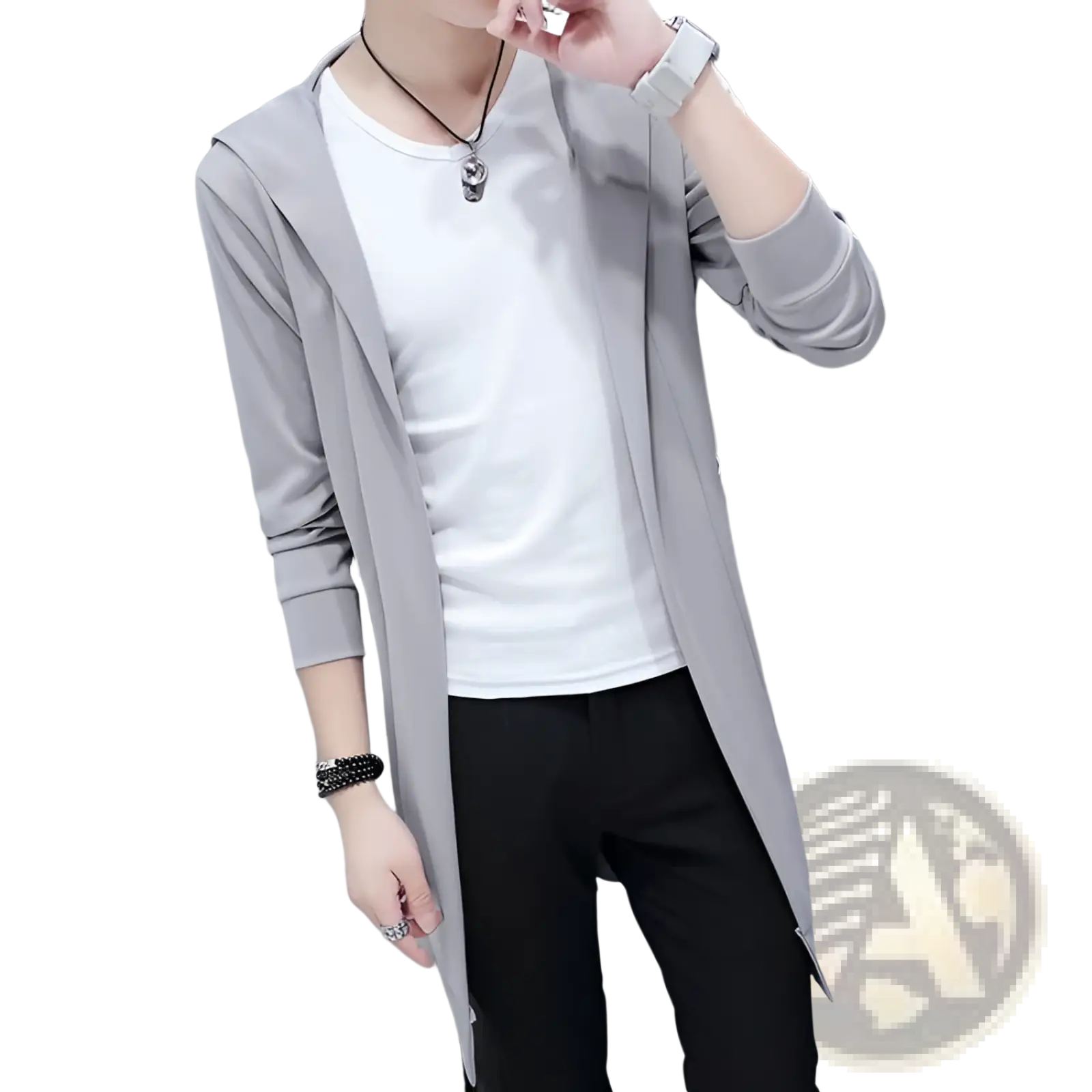 Men’s gray hooded open front slim fit cardigan with long sleeves and sleek modern design for casual wear