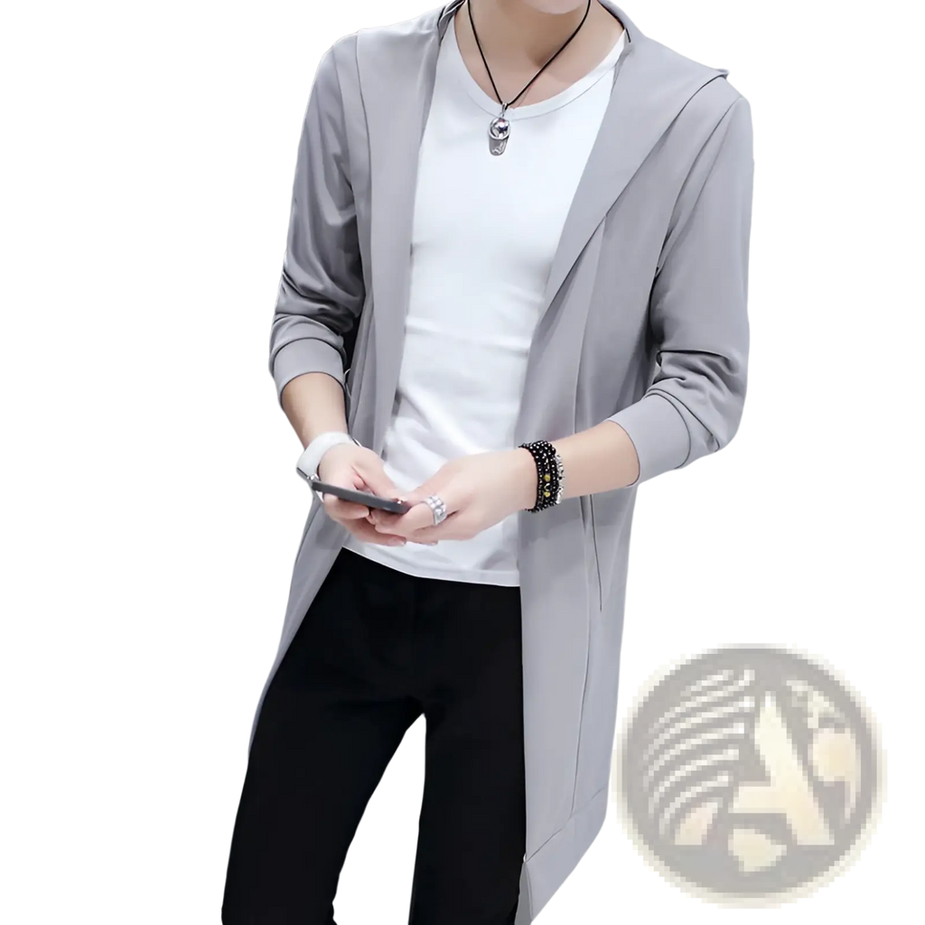 Men’s gray hooded open front cardigan with long sleeves and relaxed fit for casual wear