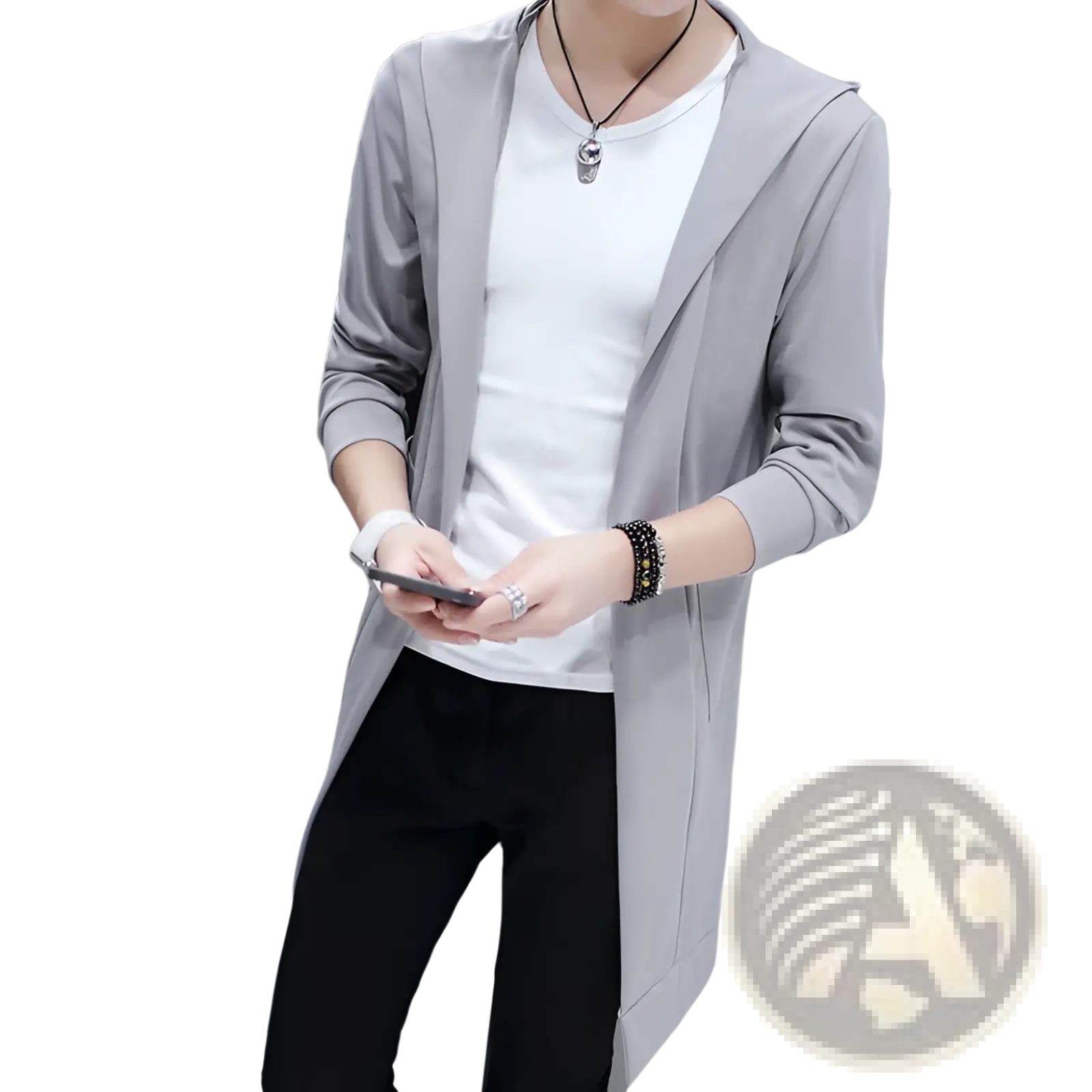 Men’s gray hooded open front cardigan with long sleeves and relaxed fit for casual wear