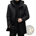 Men’s black hooded padded winter coat with sleek modern design and subtle branding on the chest pocket
