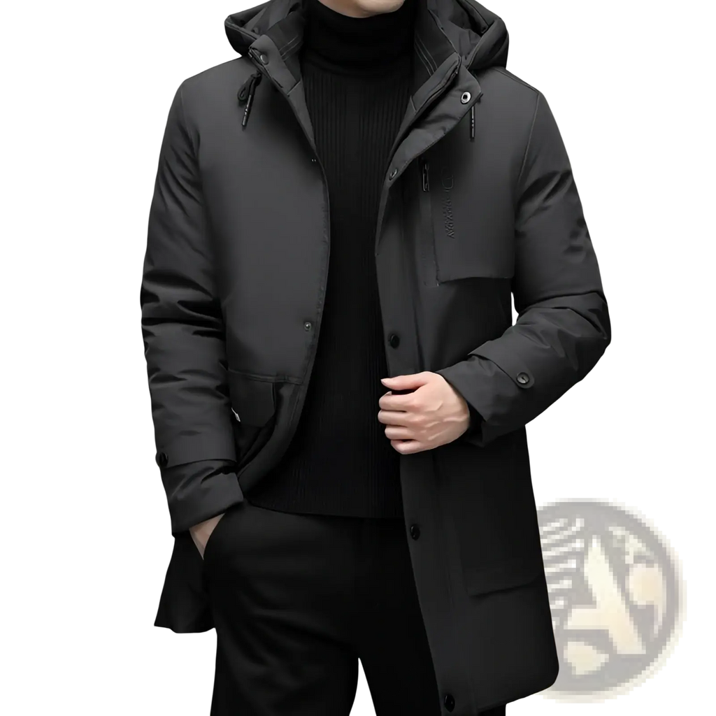 Men’s black hooded padded winter coat with sleek modern design and subtle stitching details for cold weather use