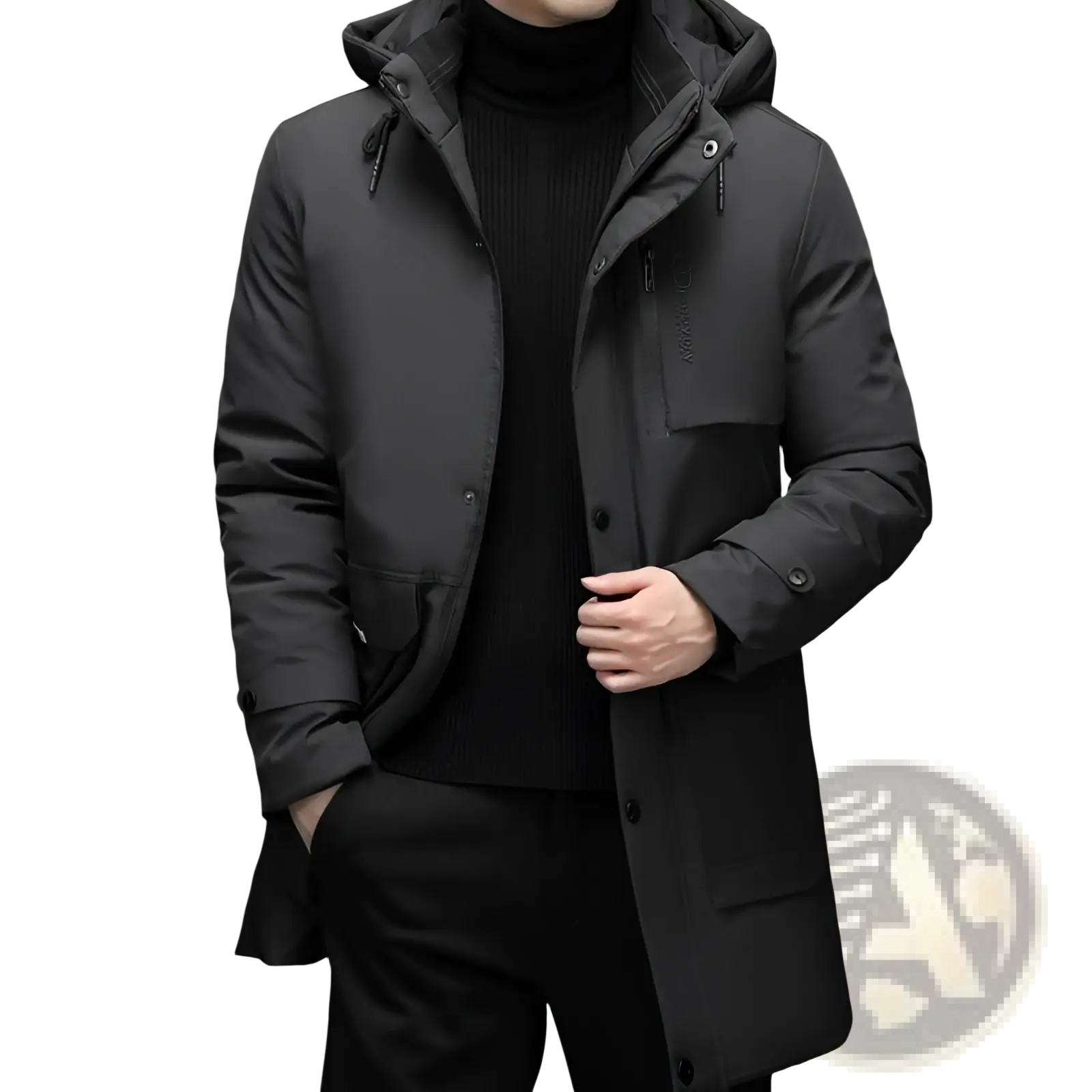 Men’s black hooded padded winter coat with sleek modern design and subtle stitching details for cold weather use