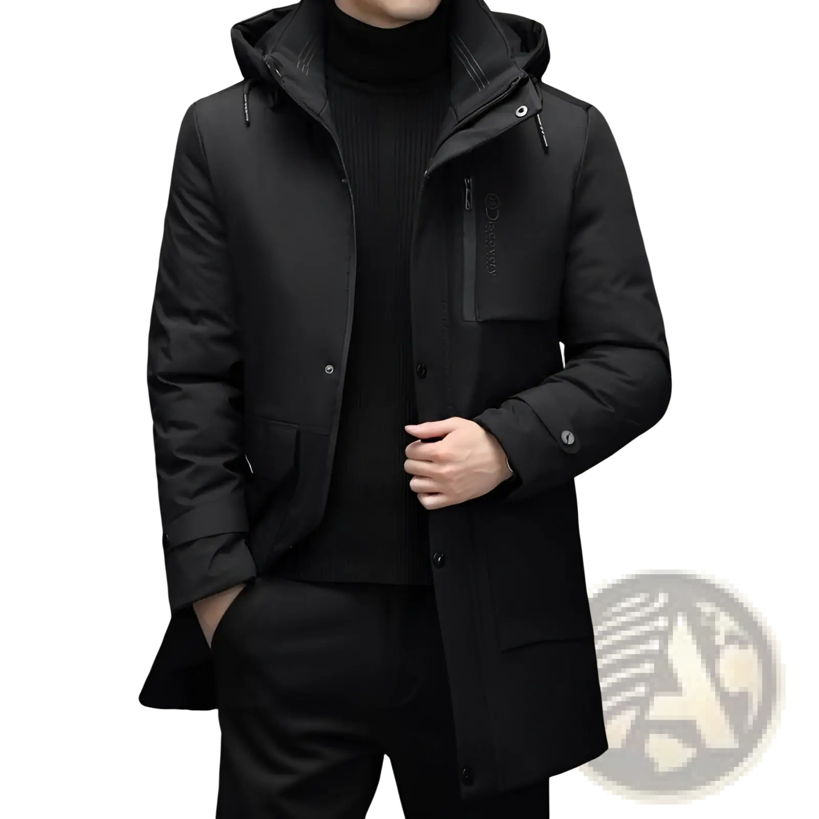 Men’s black hooded padded winter coat with sleek modern design and subtle chest pocket branding for cold weather