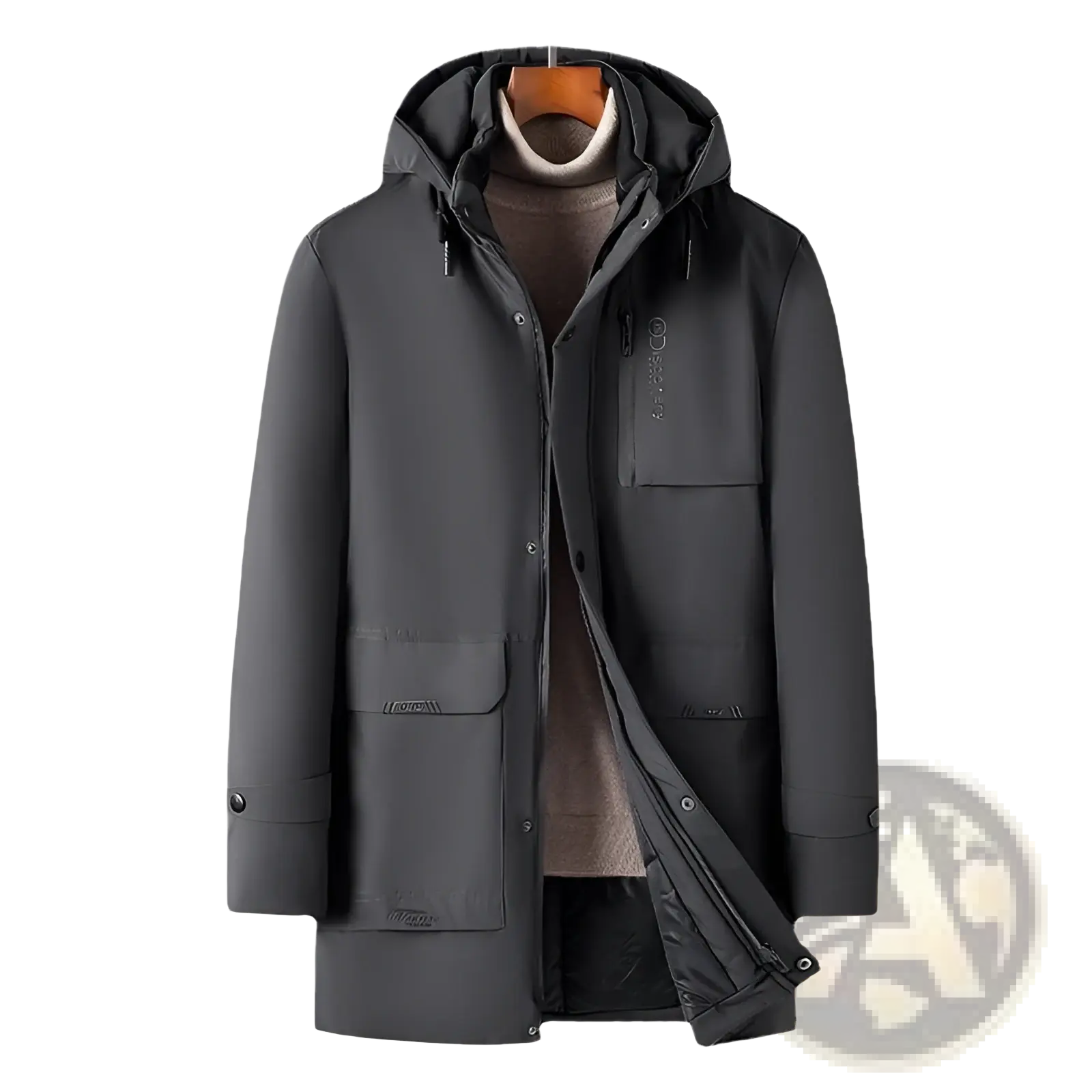 Men’s dark gray hooded padded winter coat with quilted interior and multiple pockets for cold weather use