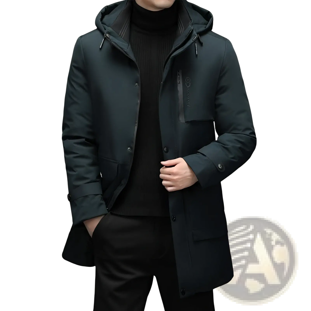 Men’s dark green hooded padded winter coat with sleek modern design and subtle chest branding for cold weather use