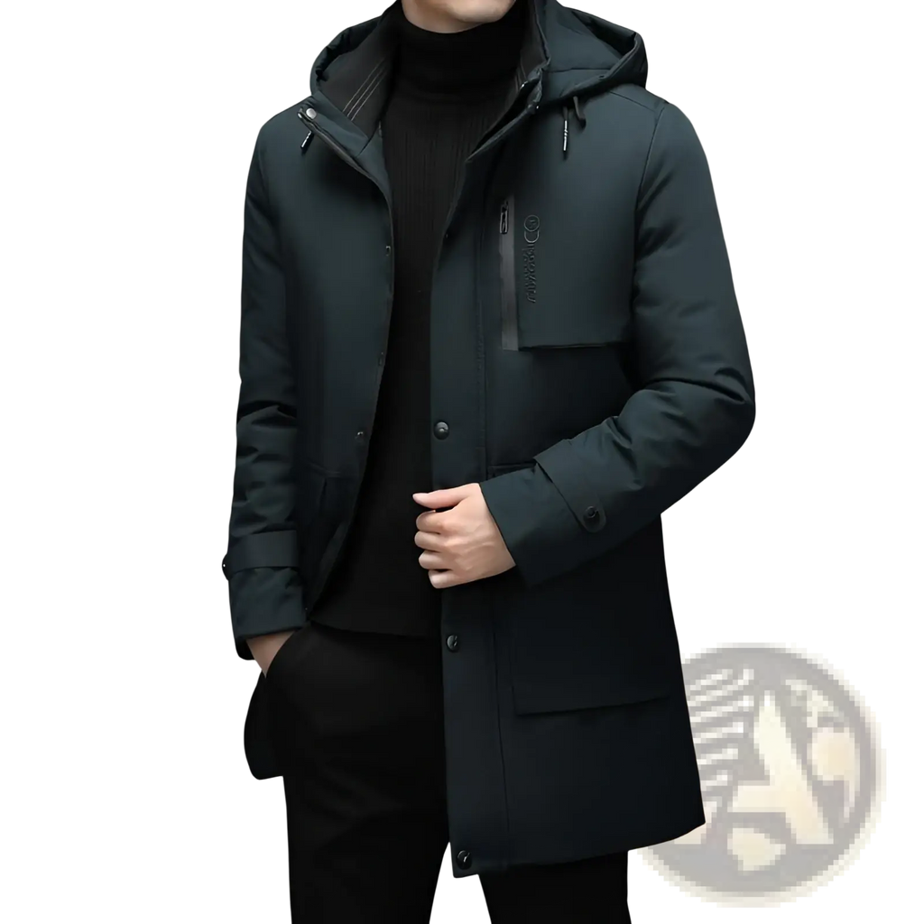 Men’s dark green hooded padded winter coat with sleek modern design and subtle chest branding for cold weather