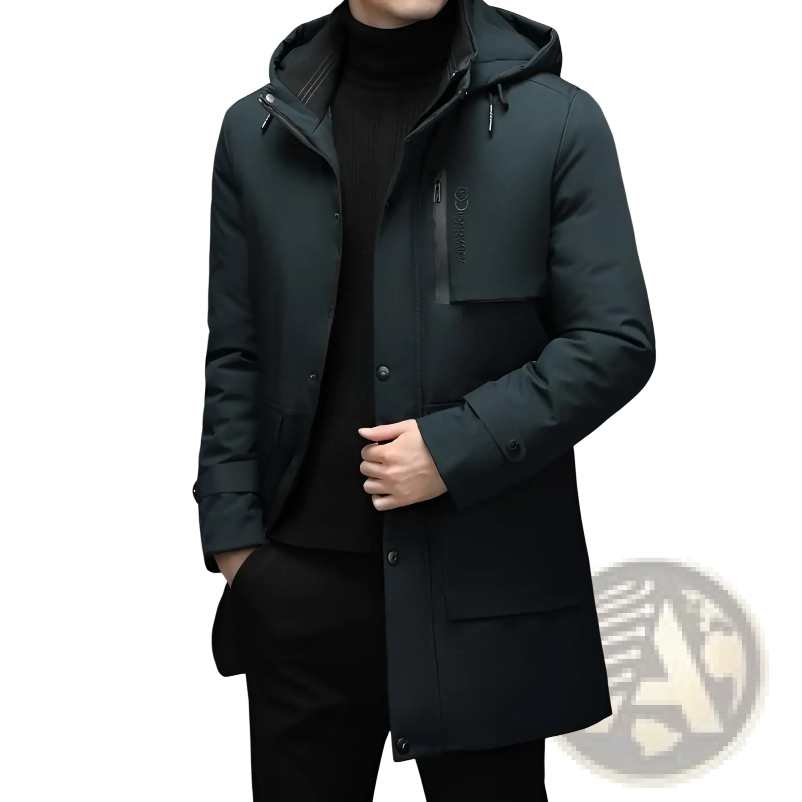 Men’s dark green hooded padded winter coat with sleek modern design and subtle chest branding for cold weather