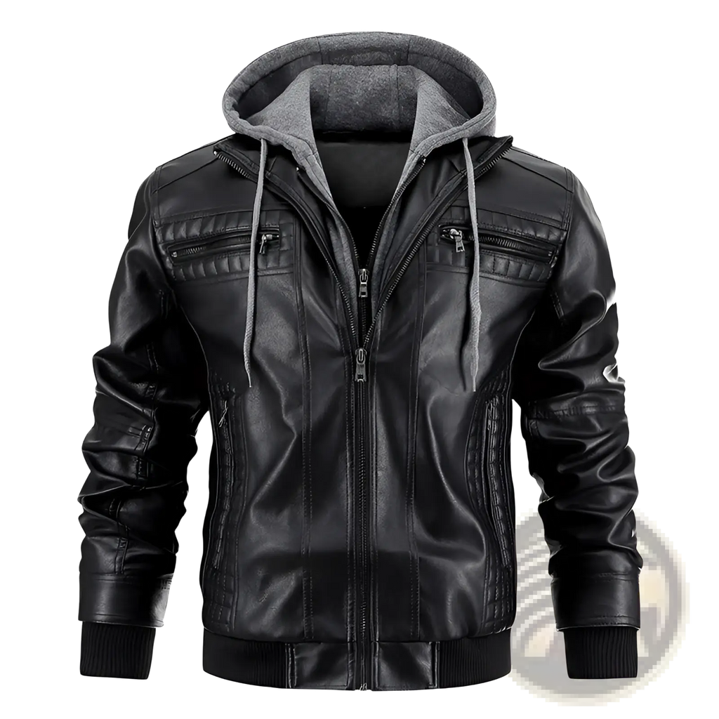 Men’s hooded pu leather jacket in black with gray fleece lining and drawstrings for warmth and style