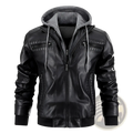 Men’s hooded pu leather jacket in black with gray fleece lining and drawstrings for warmth and style