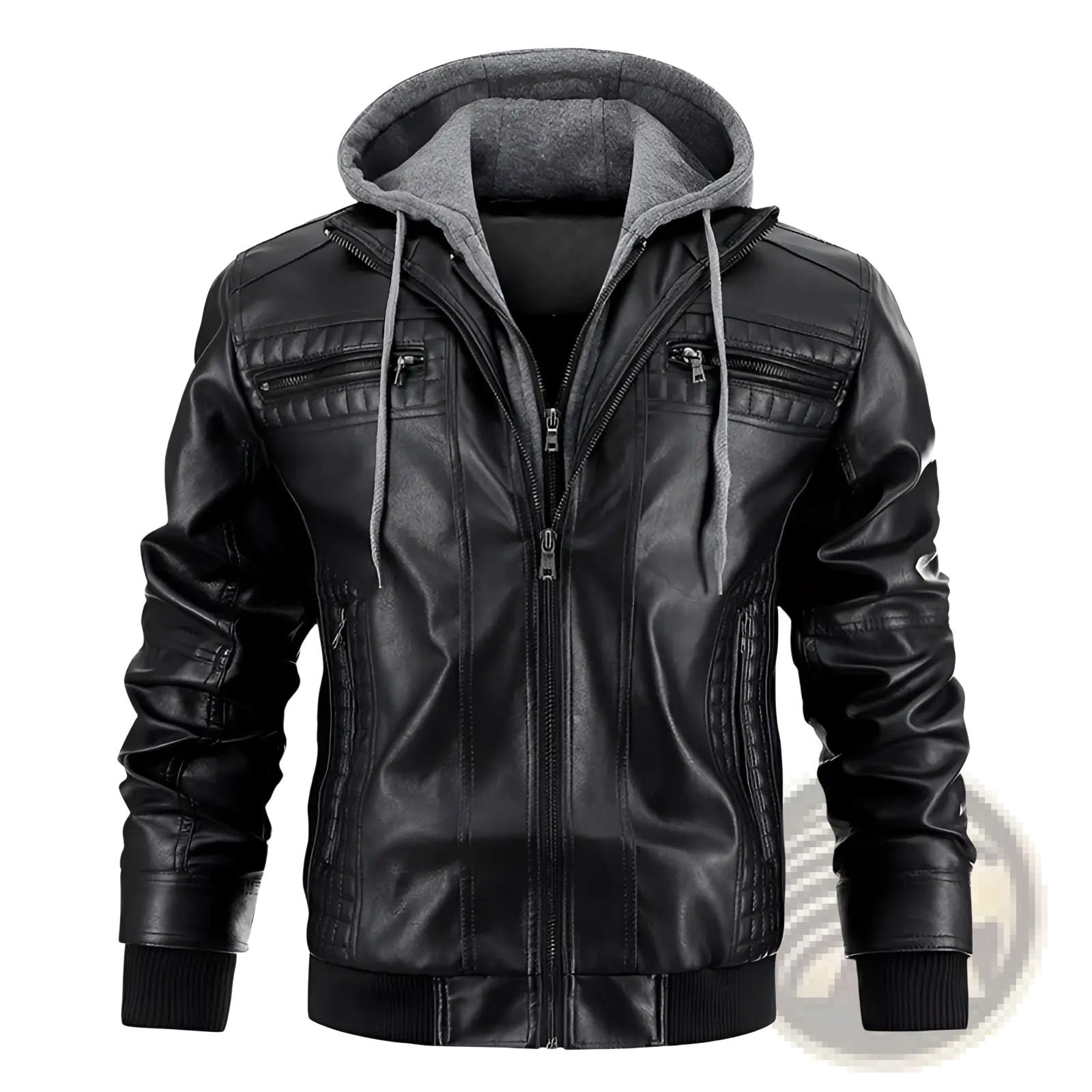Men’s hooded pu leather jacket in black with gray fleece lining and drawstrings for warmth and style