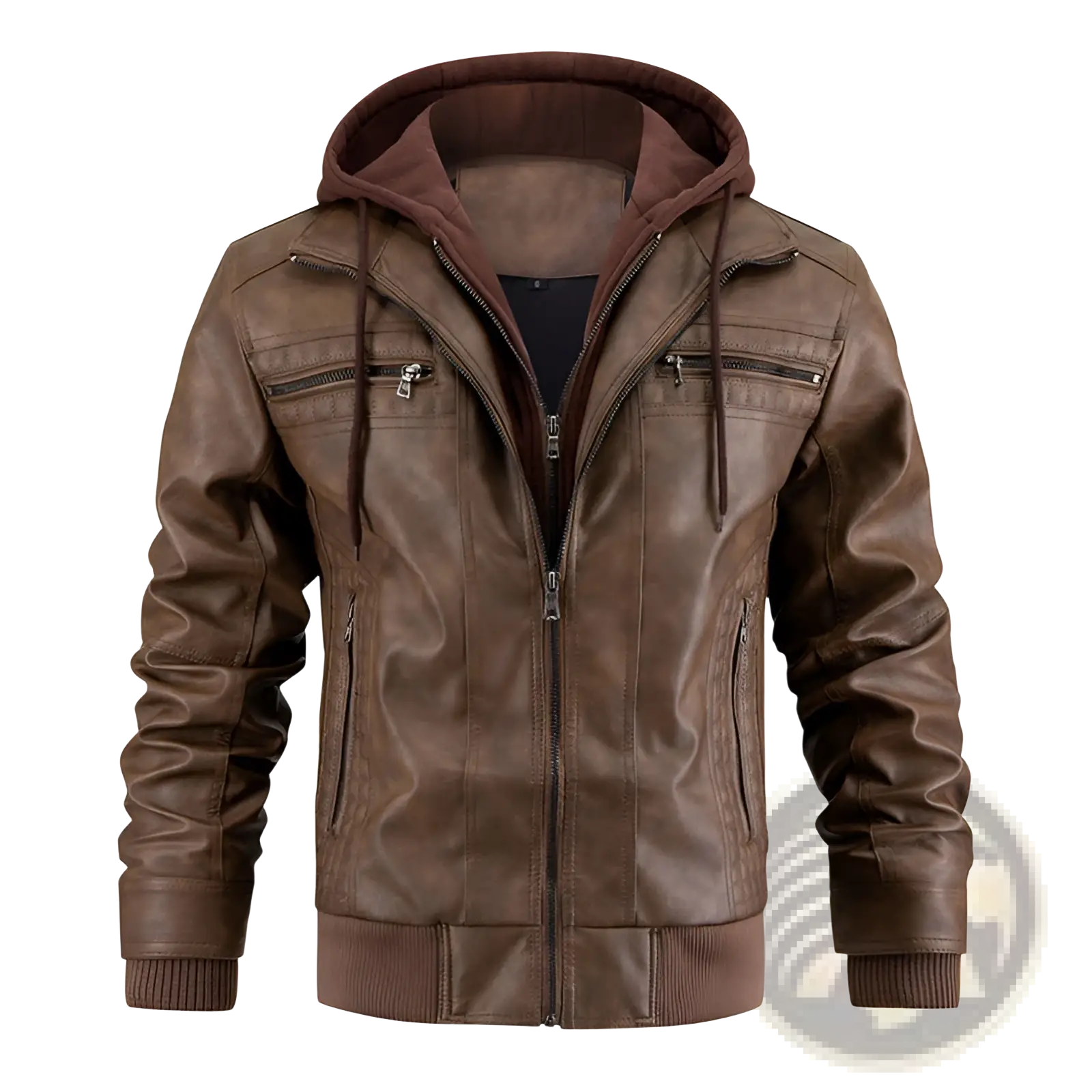 Men’s brown faux leather hooded jacket with textured distressed finish ribbed cuffs and fleece lining for cold weather