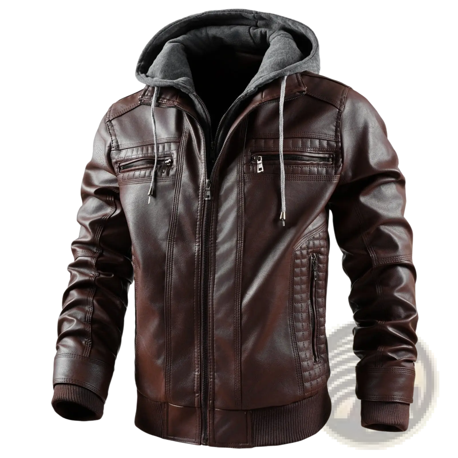 Men’s hooded pu leather jacket in brown with gray fleece lining and silver zipper accents for added warmth and style