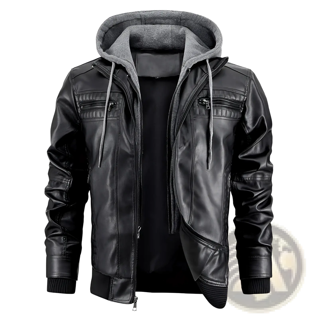 Men’s black faux leather hooded jacket with gray fleece lining and drawstrings for warmth and style